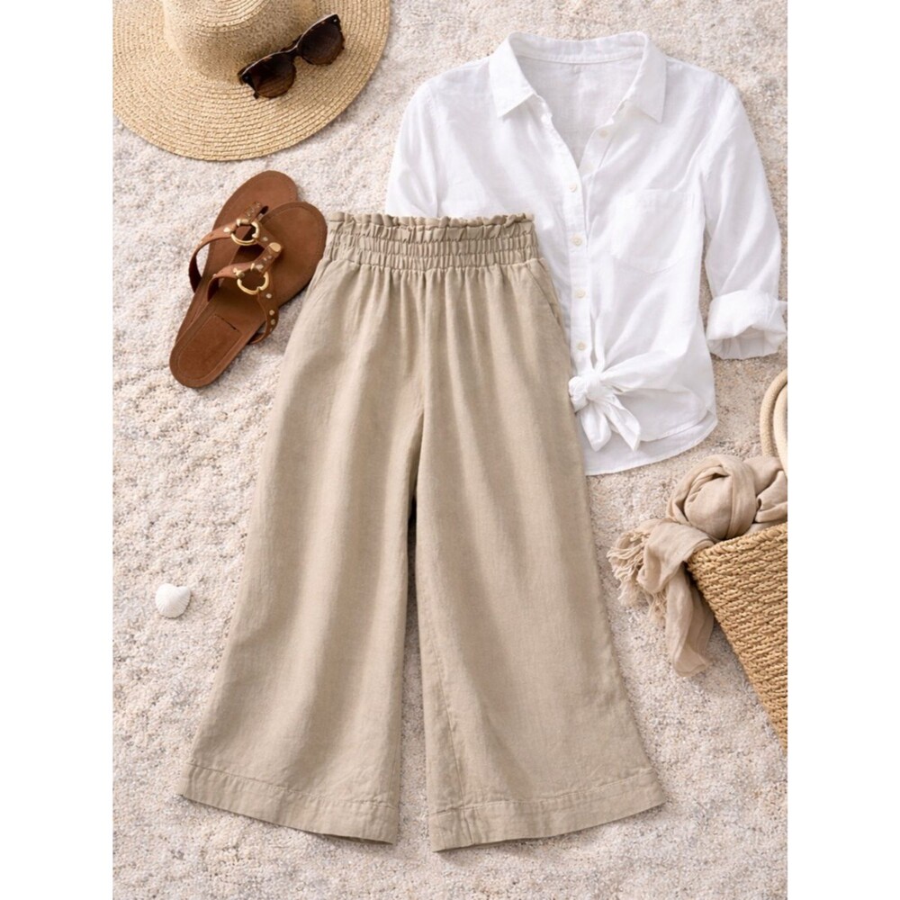 Shore Linen Blend Wide Leg Pants XS Beige Elastic Waist Cropped Palazzo Coastal
